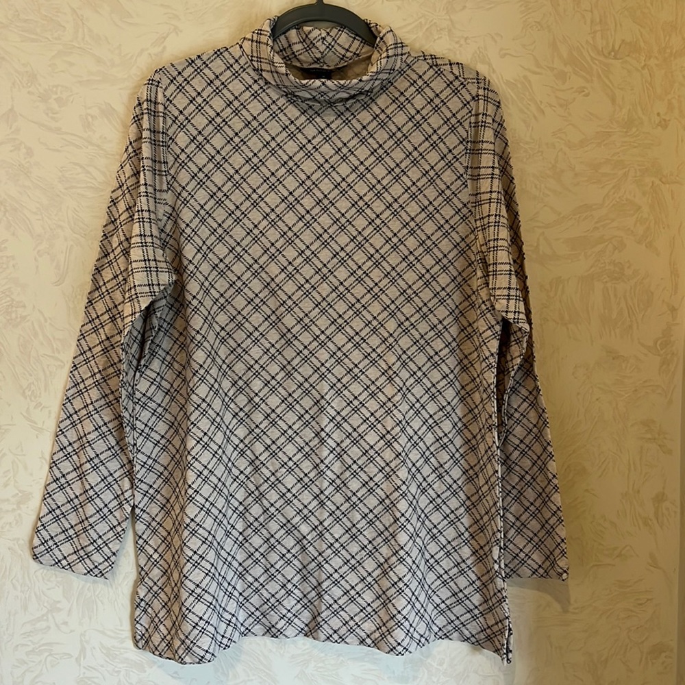 Land’s End Cream & Black Diamond Plaid Patterned Turtleneck Top Size XL